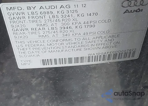 2013 Audi Q7 3.0T S Line Prestige from USA, damaged, VIN WA1DGAFE0DD007822
